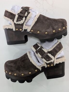 Tory Burch Shearling Lug Sole Clogs Suede Deep Espresso Brown Size 9 NIB 70mm